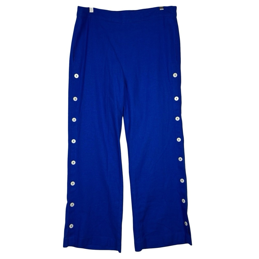 Soft Surroundings Linen Blend Crop Pants Blue Wide Leg Button Side Womens Large